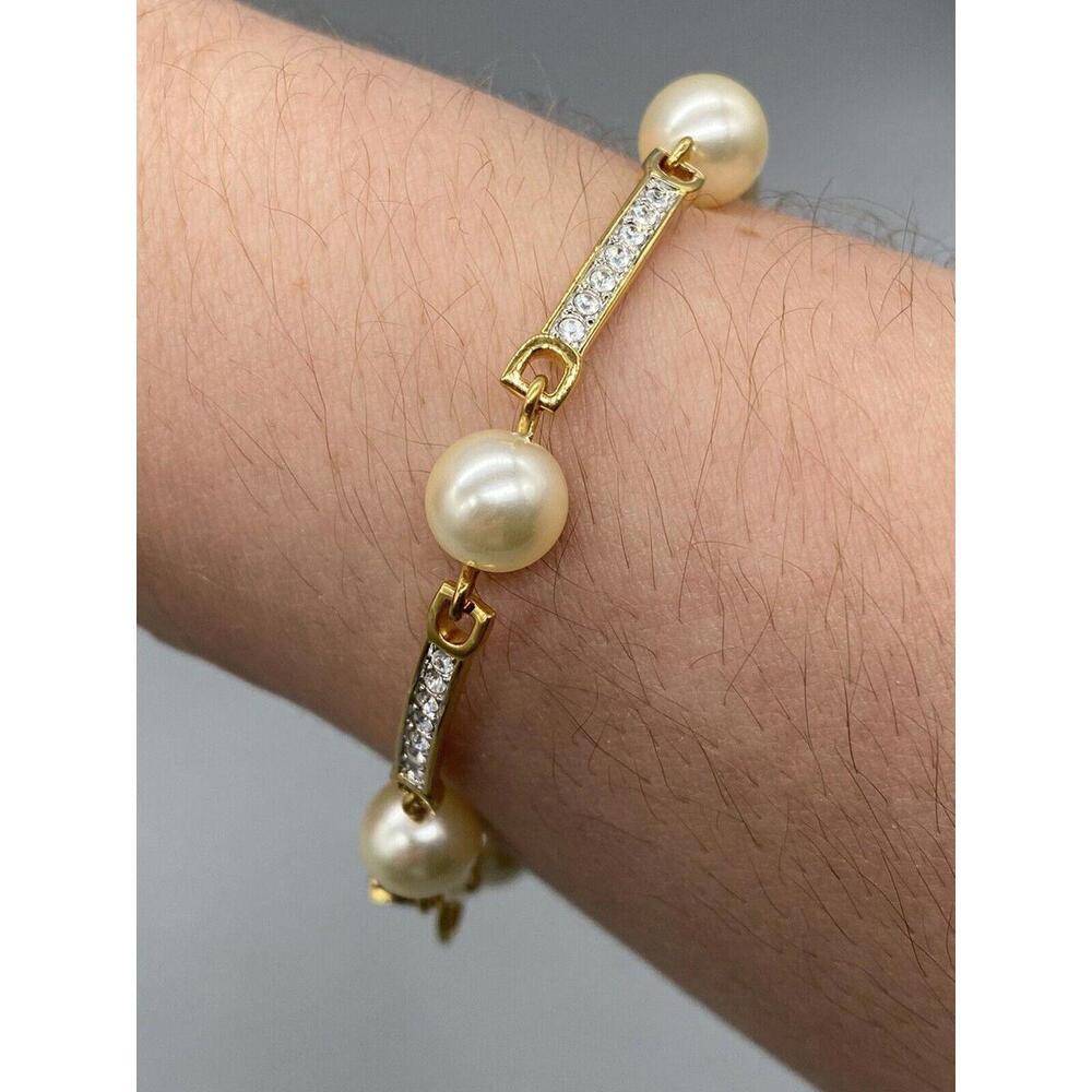 Swarovski Pearl & Crystal Gold Tone Link Tennis Beaded Bracelet 6.5”